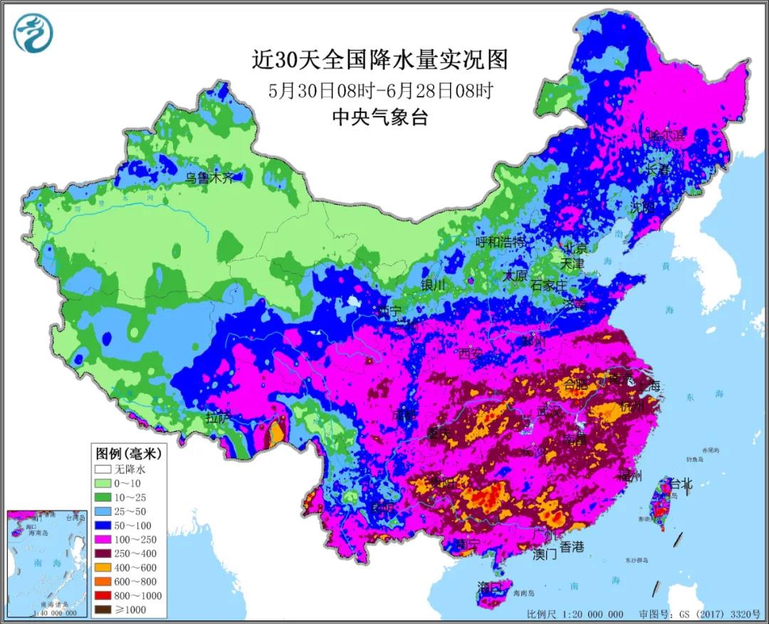 ▲圖為近30天全國降水實(shí)況圖。來源：中央氣象臺
