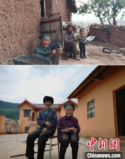 上圖為甲甲溝村村民羅木你坡夫婦所住的舊房，下圖為夫婦倆遷入的新居。(拼版圖) 張浪 攝